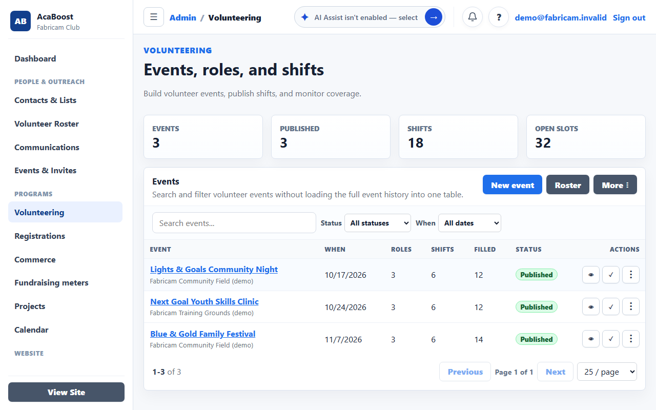 Public screenshot preview of Fabricam's volunteer administration workspace