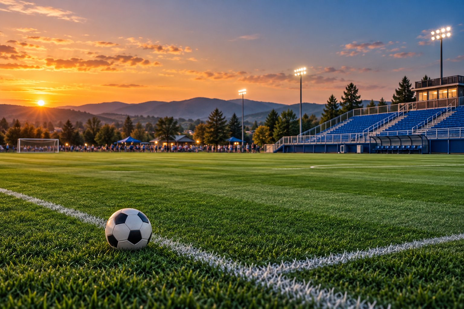 Soccer field and blue bleachers glowing at sunset, an original illustration of the Fabricam community